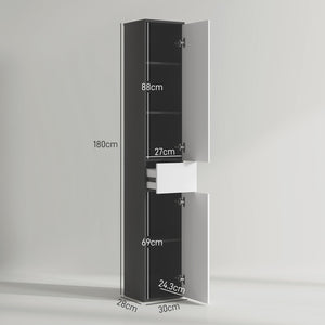 Mobile a Colonna da Bagno Salvaspazio con 2 Armadietti e Cassetto 30x28x180 cm Nero e Bianco