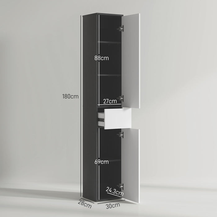 Mobile a Colonna da Bagno Salvaspazio con 2 Armadietti e Cassetto 30x28x180 cm Nero e Bianco