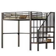 Letto a soppalco 140×200 cm con scala e vano portaoggetti; senza materasso; metallo e legno; nero