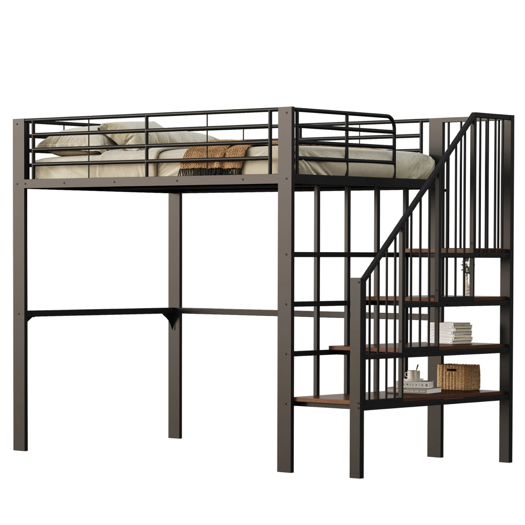 Letto a soppalco 140×200 cm con scala e vano portaoggetti; senza materasso; metallo e legno; nero