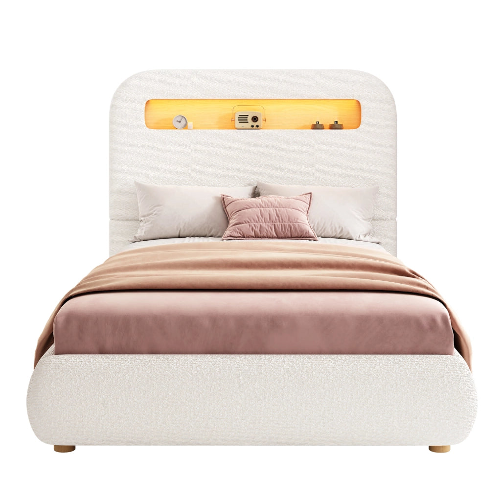 Letto Imbottito Singolo con Contenitore ¨C MINIMAL ¨C Bianco, LED, Doghe, 90x200