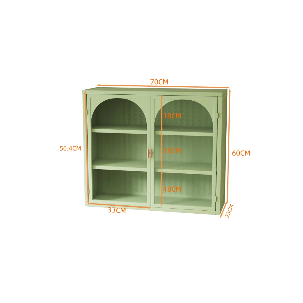 Armadio da Parete con 2 Ante in Vetro e 3 Ripiani; Mensola Rimovibile; Motivo Intrecciato; Stile Moderno; in Metallo; 70 cm; Verde