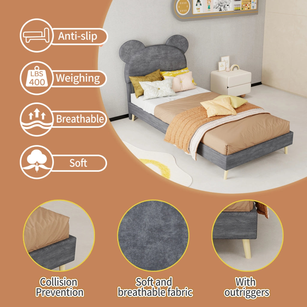 DESMIU Letto per bambini 90 × 200 cm con testiera cartoon, vano pneumatico, senza materasso, grigio