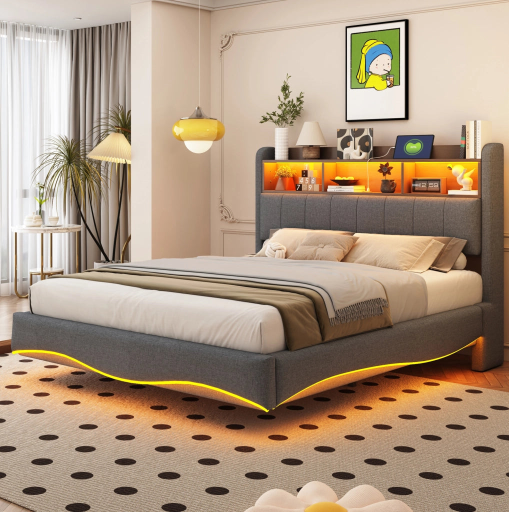 Letto imbottito sospeso 140x200 cm con LED, USB e USB-C in tessuto grigio