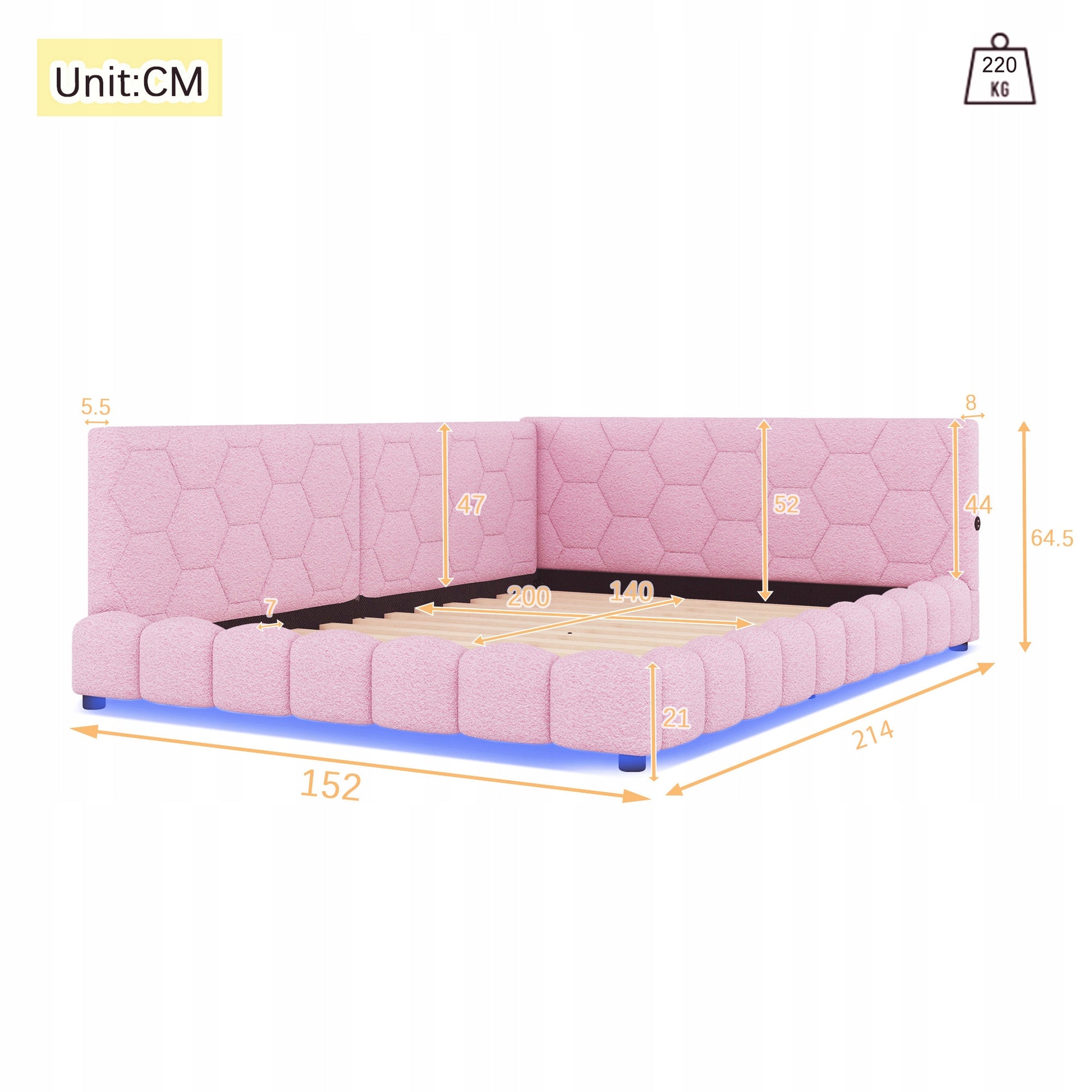 Letto singolo 140x200 - Xylo - Rosa con luce RGB e USB