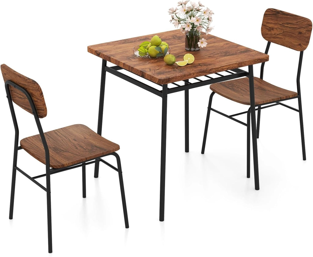 Set da pranzo 3 pezzi, tavolo da cucina con 2 sedie a incasso, ripiano in reticolo, seduta curva, schienale curvo, telaio in metallo, design compatto, industriale