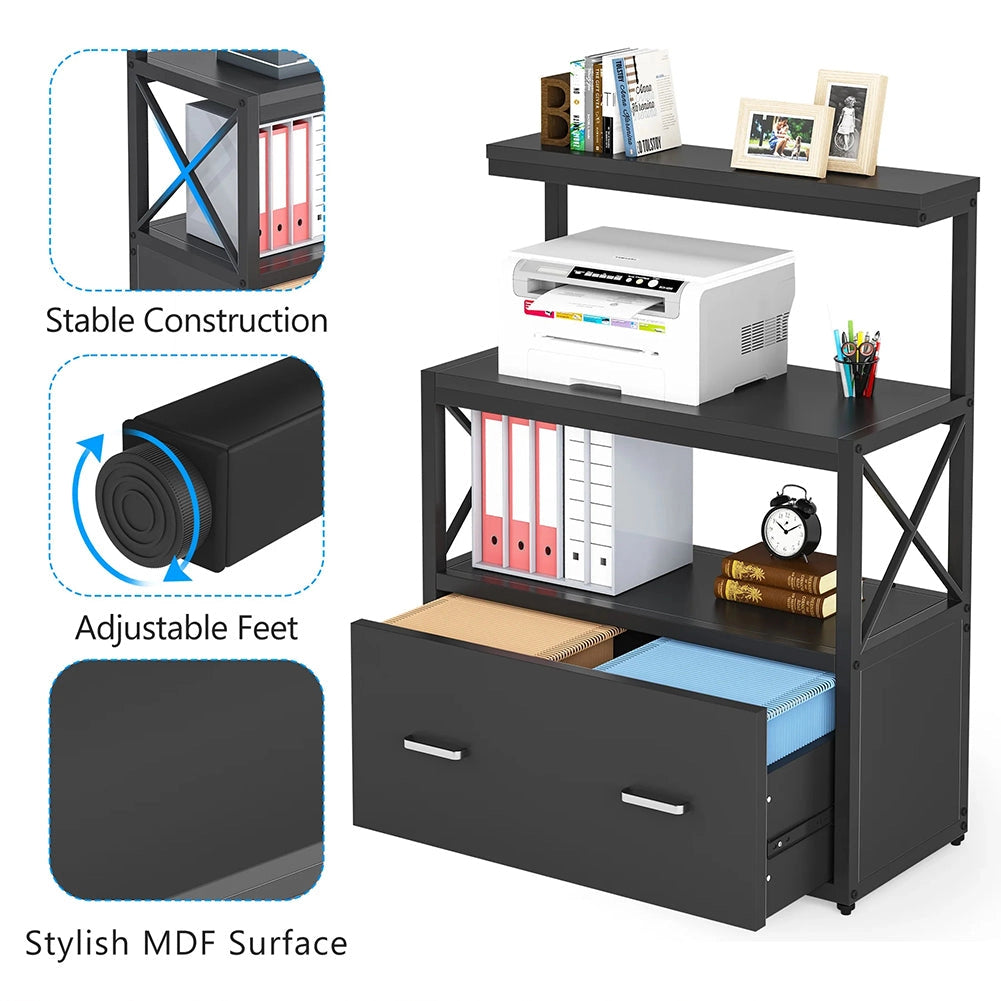 Mobile Multiuso per Stampante 3 Ripiani e 1 Cassetto 80x40x110 cm in MDF Nero