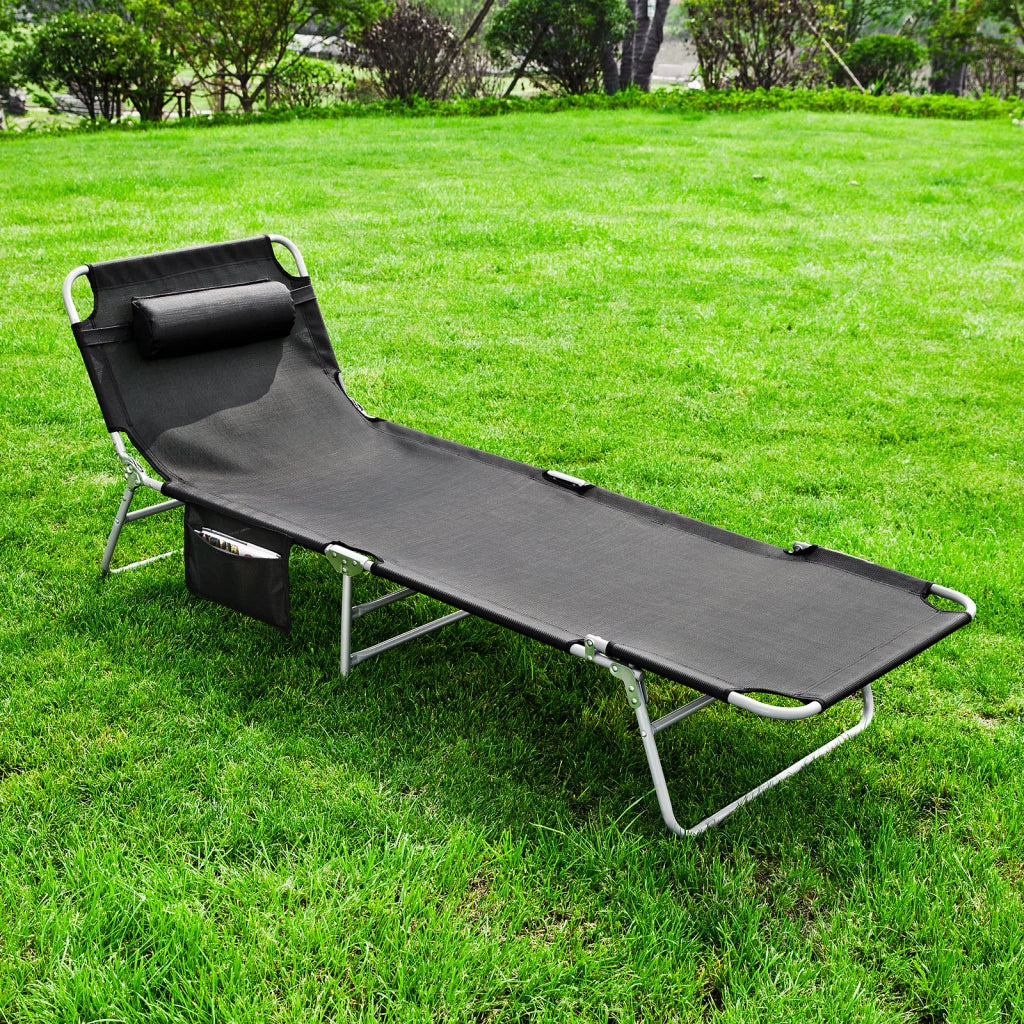 SoBuy Sdraio da Giardino Reclinabile Lettino Prendisole con Cuscino e Tasca Laterale Sedia Sdraio da Esterno per Patio Campeggio Spiaggia Sdraio Pieghevole da Giardino Nero 155x56x81cm OGS35-SCH