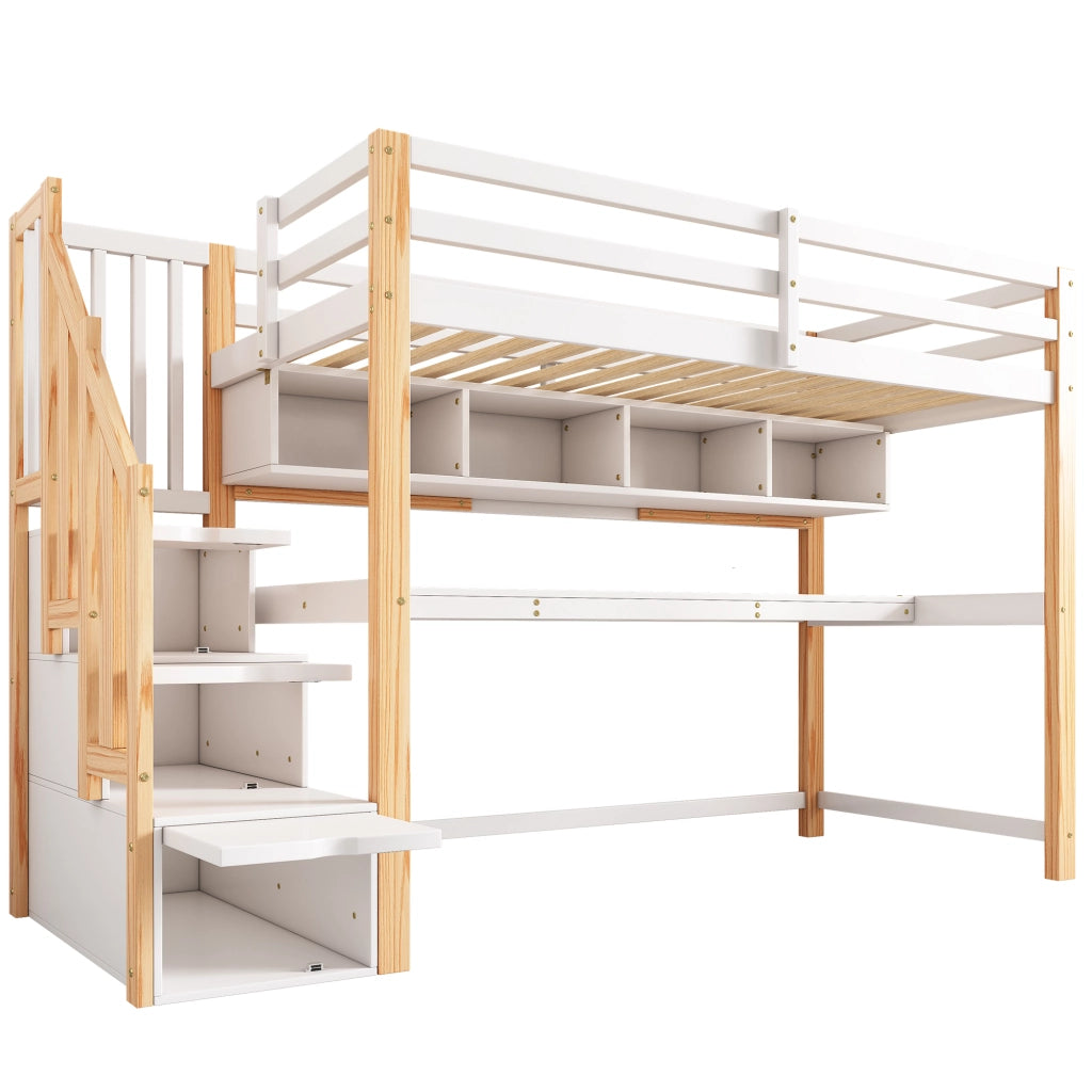 Letto a soppalco per bambini con scrivania integrata e scala contenitore, 90x200 cm, Bianco/Quercia