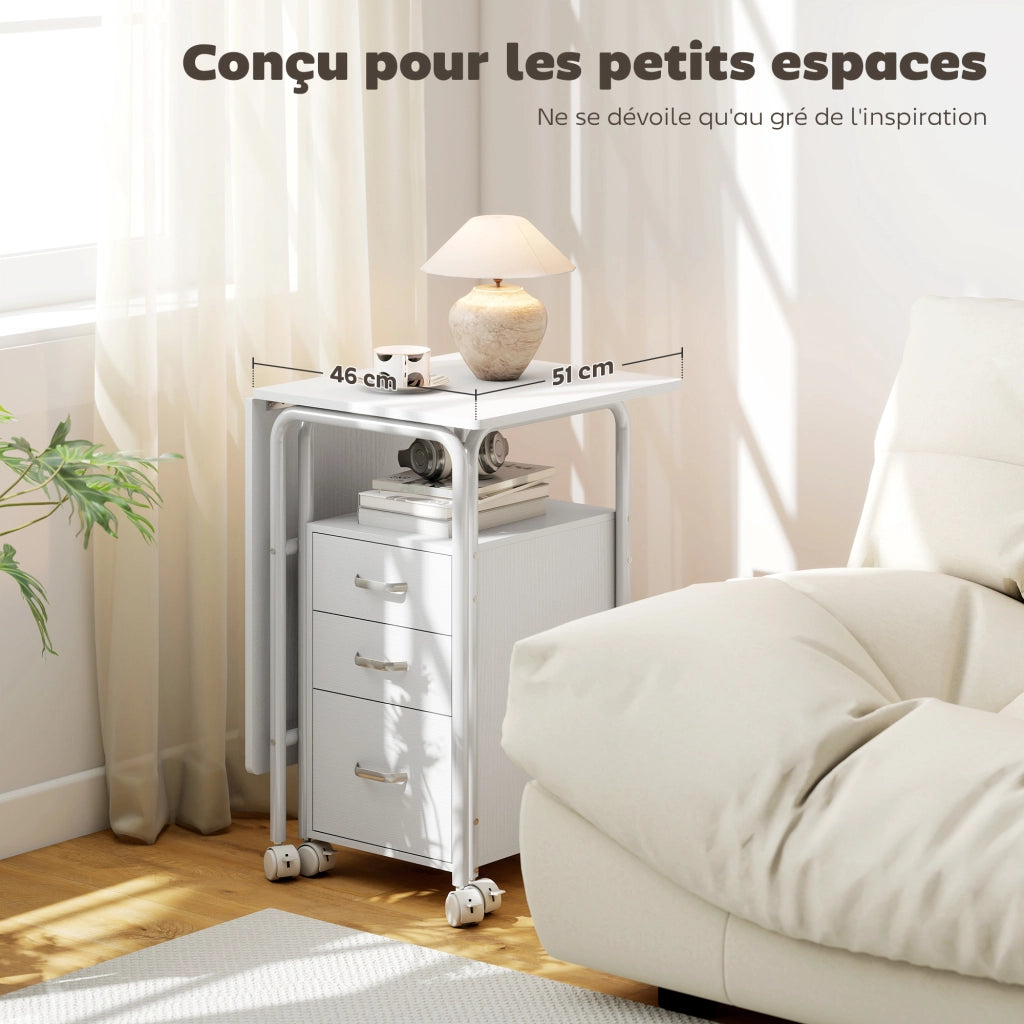 Scrivania pieghevole con ruote ¨C Xylo ¨C 3 cassetti, ripiano estraibile, 105x51x75.5cm, bianco