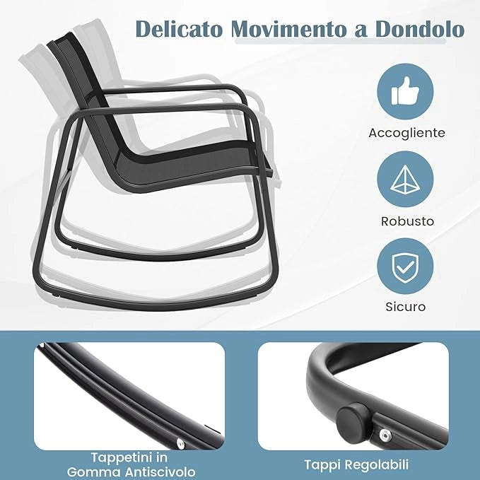 Set da Giardino 4 Pezzi in Tessuto Textilene, Set da Bistrò da Patio, Set tavolo e sedie con Tavolino in Vetro, 2 Sedie e Divanetto a Dondolo, per Giardino Coltile (Nero)