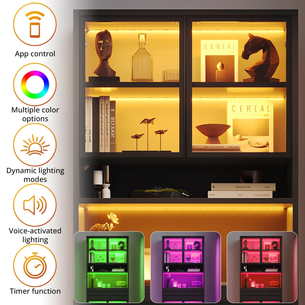 Vetrina, libreria, 80 x 35 x 200 cm, 4 ante in vetro, con cassetti, illuminazione a LED, nera