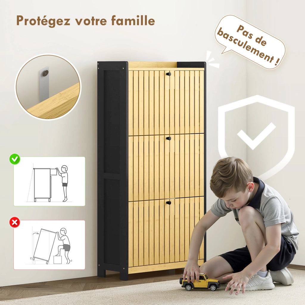 Scarpiera con cassetti e ante in bamb¨´ ¨C Zephmum ¨C Nero e legno naturale 60x24x118cm