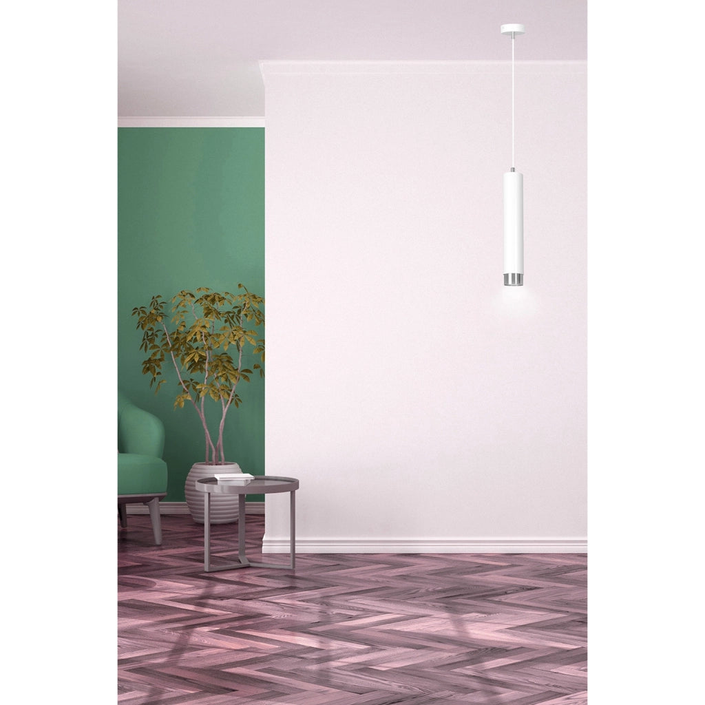 Sospensione 1 Luce Brunilde In Acciaio Bianco Con Tubolare In Bianco E Cromo