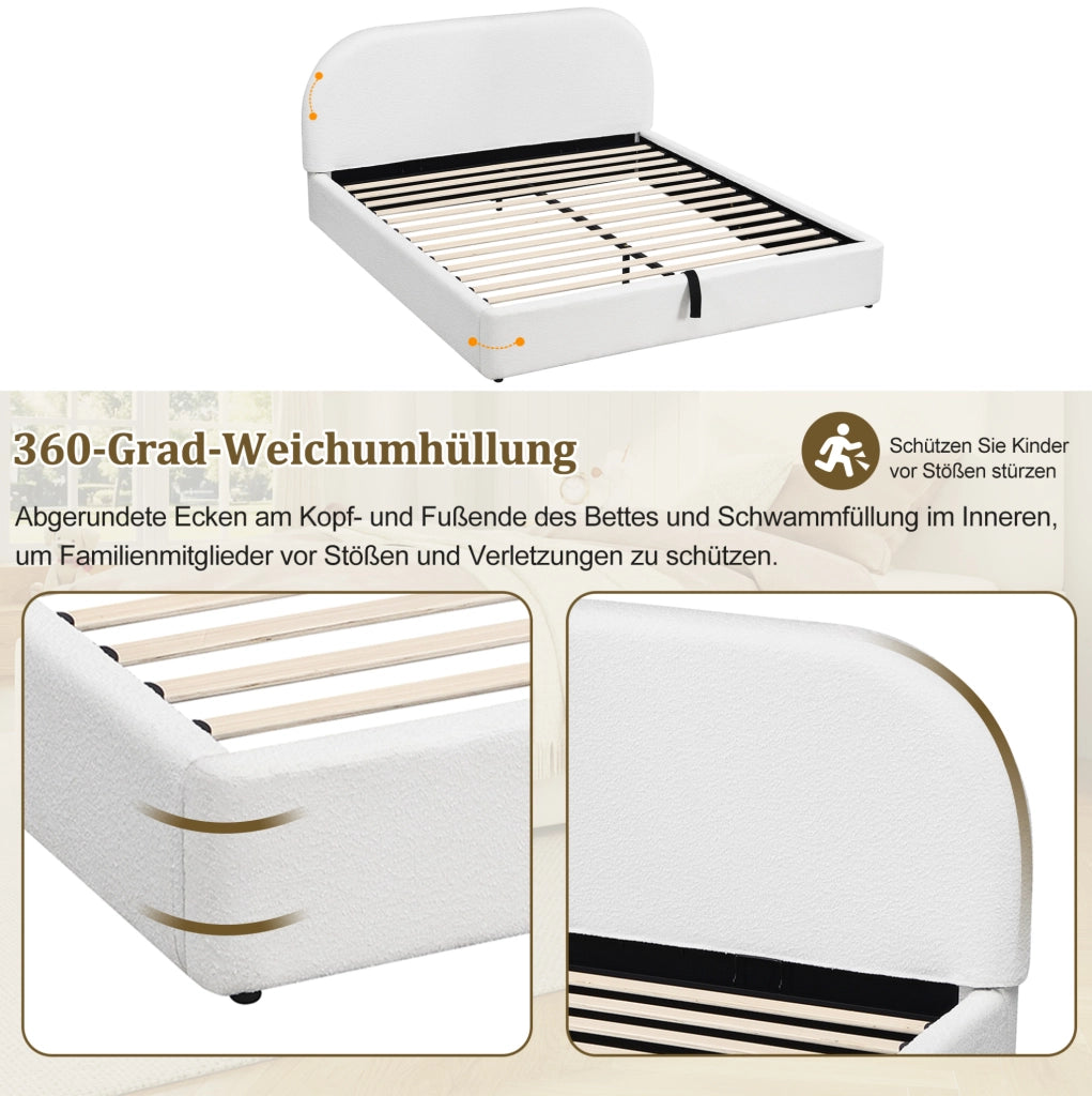Letto imbottito con contenitore idraulico in bouclé beige