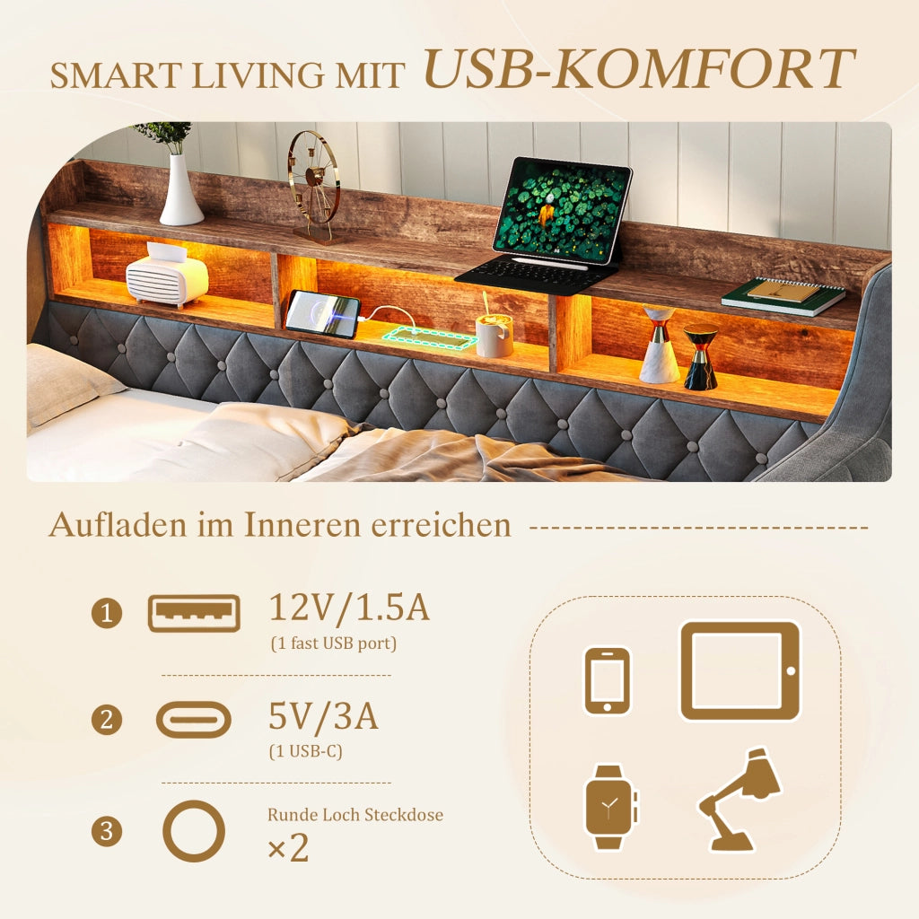 Letto estraibile 90 × 190 cm con contenitore, USB Type-C e LED regolabile, senza materasso, in velluto grigio scuro