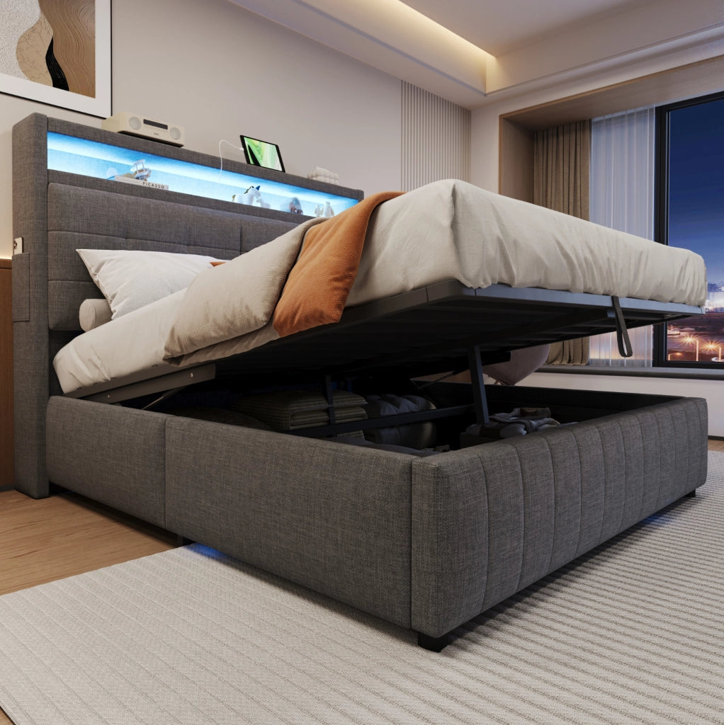 Letto matrimoniale imbottito 160x200 cm in tessuto effetto lino grigio con LED; USB e contenitore