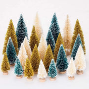 Collezione di Alberi di Natale Mini Artificiali con Base in Legno - 24 pezzi, Ornamenti in Verde, Oro e Ivoia