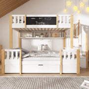 Letto a castello 90x200 e 140x200 cm con lavagna; scala contenitore; bianco e naturale