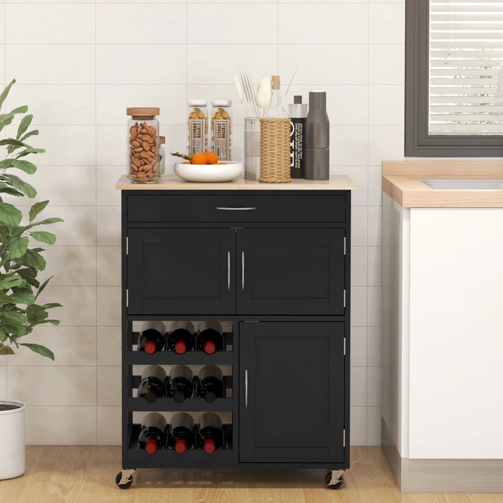 Carrello da Cucina con Portabottiglie Integrato 67x37x87 cm in Legno Nero e Rovere