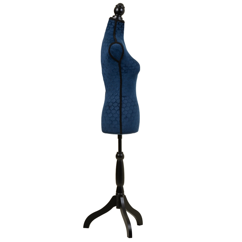 Manichino in legno e schiuma rivestito in tessuto blu 24x37,5x168h