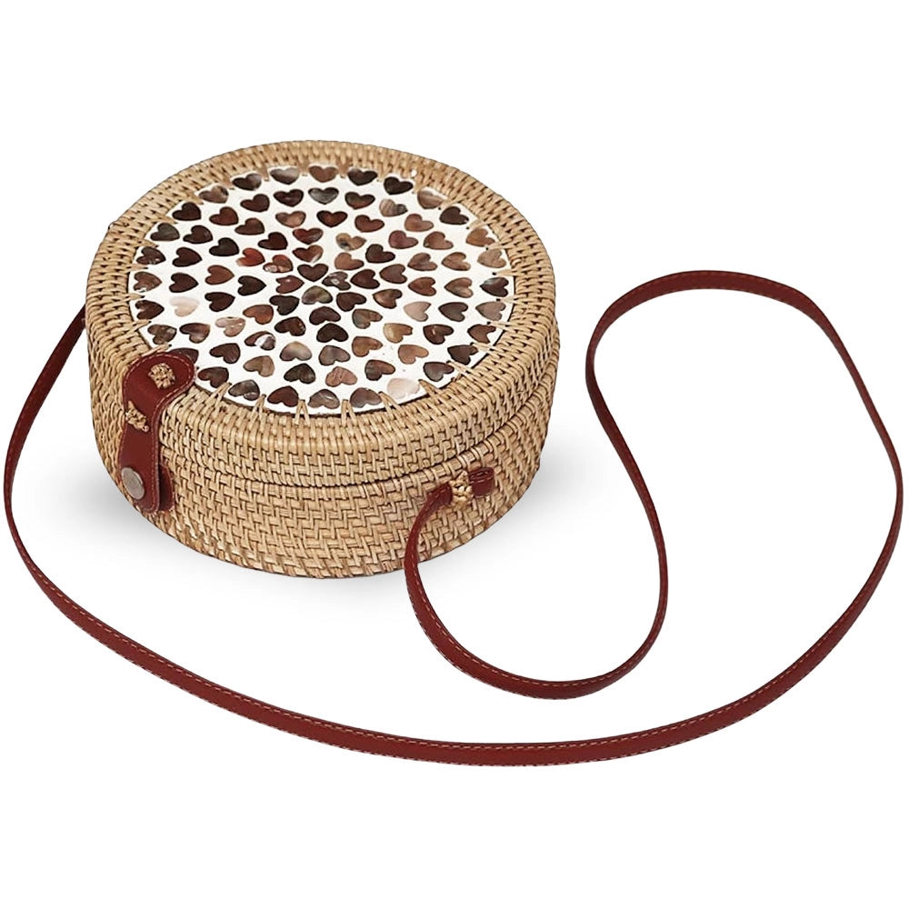 Borsetta rotonda in vimini intrecciato con tracolla simipelle marrone cm 20x8,5