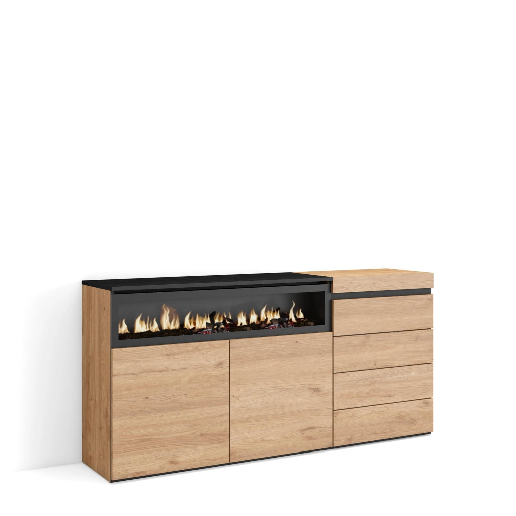 Credenza, 157x35x75cm, Camera da letto, Camino elettrico, Cassettiera, colore Rovere RF3410