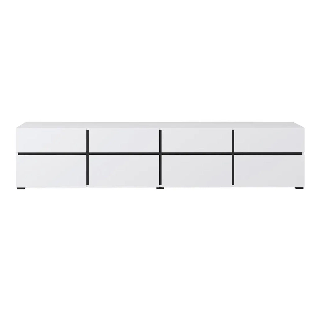 Mobile TV XL colori bianco e nero 225cm collezione HAVANA. Mobile design con 4 porte e 4 cassetti.