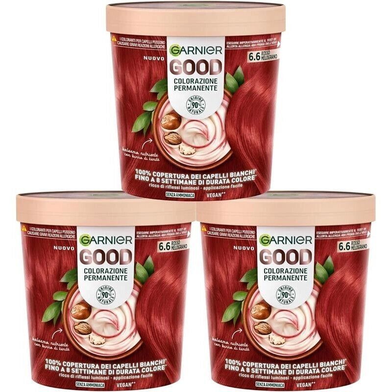 SET 3 GARNIER GOOD TINTA CAPELLI 6.6 ROSSO MELOGRANO COLORAZIONE PERMANENTE SENZA AMMONIACA 90% NATURALE