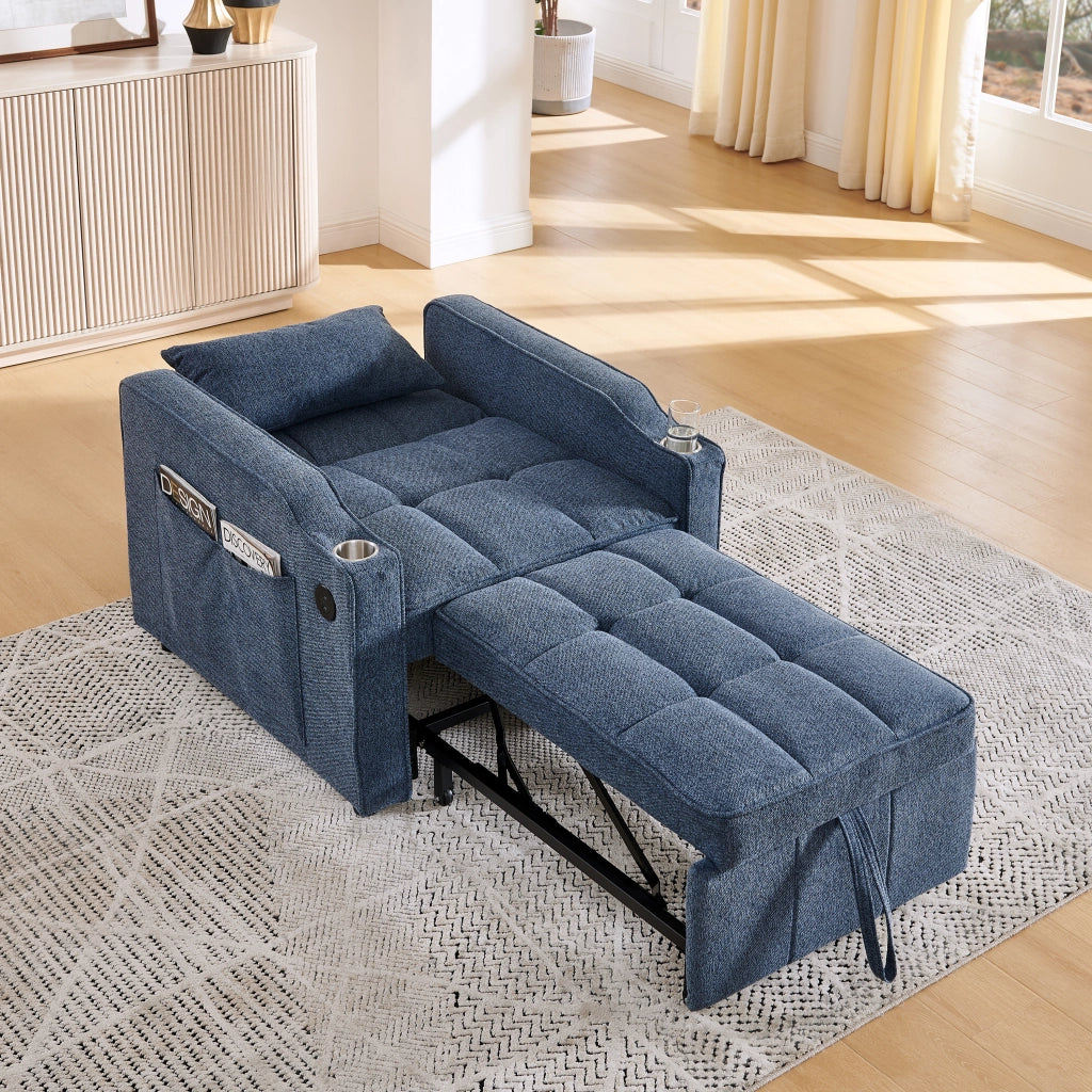 Poltrona letto 3 in 1 con schienale regolabile e tasche laterali in tessuto blu navy