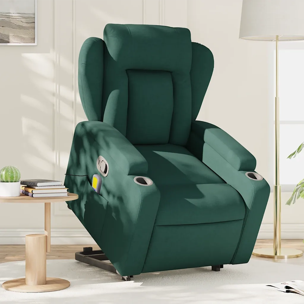 Poltrona Alzapersona Massaggiante | Sedia Relax Verde Scuro in Tessuto
