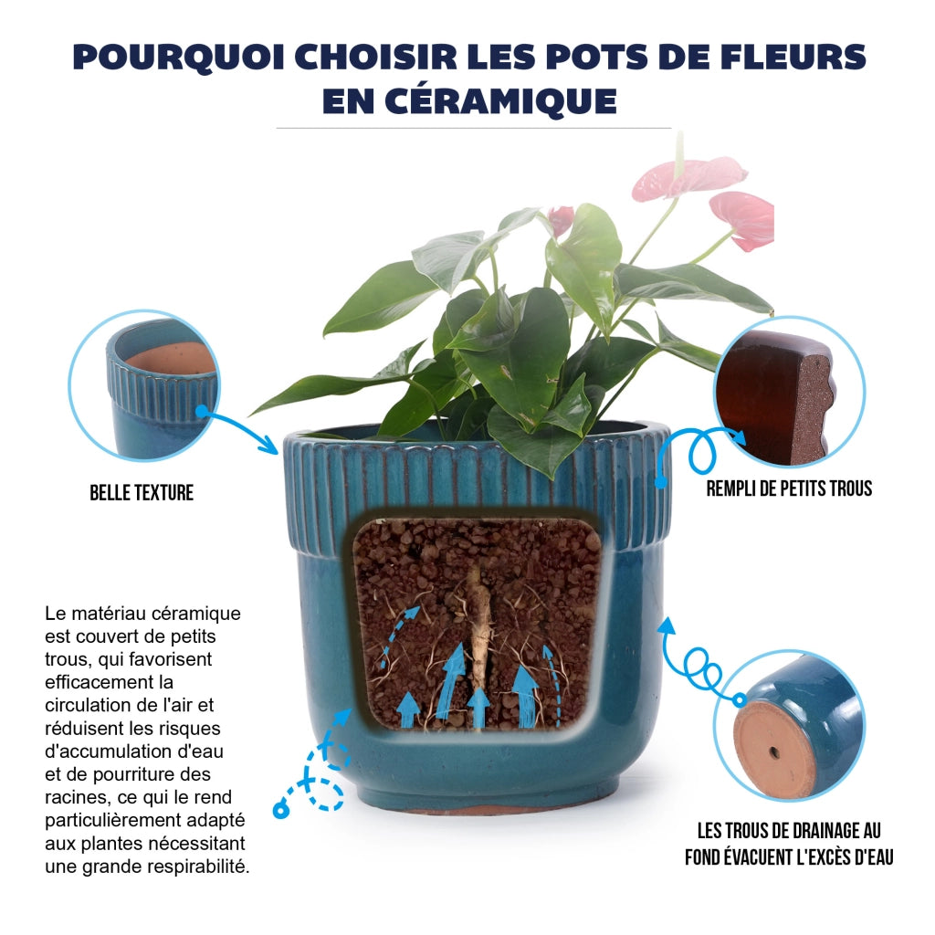Fioriera in ceramica fatta a mano con drenaggio e finitura lucida turchese Ø 30,5 cm per interni e balcone