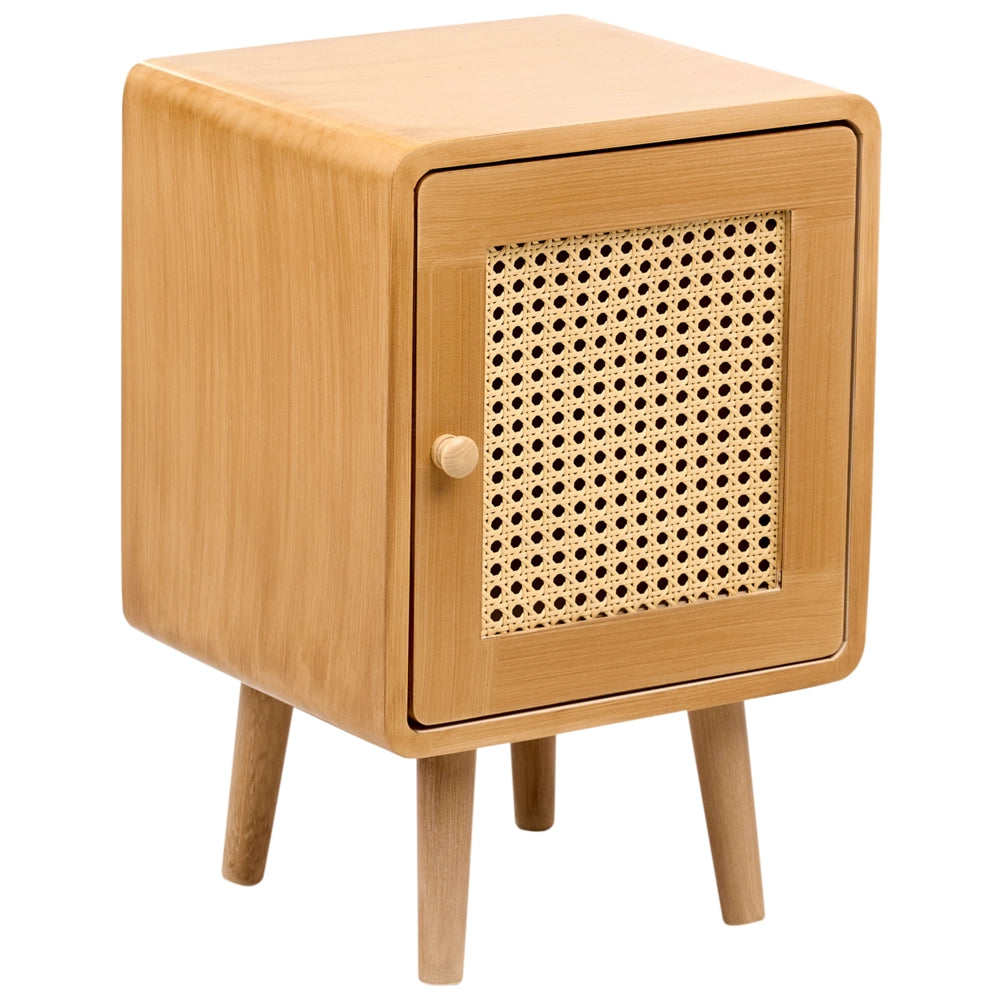 Comodino rattan sintetico fronte MDF impiallacciato treccia viennese marrone chiaro stile boho soggiorno camera da letto