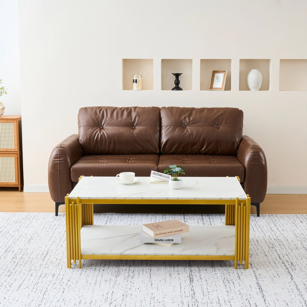 TAVOLINO DA SALOTTO Rettangolare H46/B1140/T64 cm in MDF e metallo, Oro/Bianco