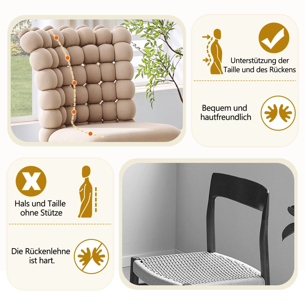 Sedia da Pranzo con Schienale a Catena di Sfere, Design Moderno, in Velluto e Metallo, Cammello