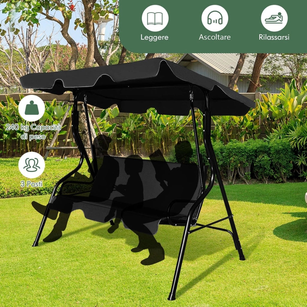 Dondolo da Giardino 3 Posti con Tettuccio Regolabile, Cuscino Removibile, Sedia Sospesso con Struttura in Metallo, Portata 225 kg, 172 x 110 x 154 cm (Nero)