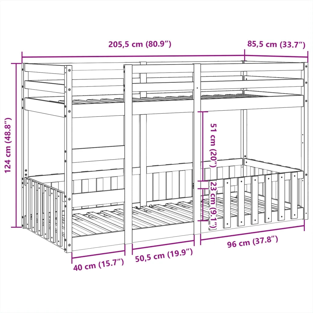 Letto singolo | Letto per adulti | Letto a Castello Marrone Cera 80x200 cm in Legno di Pino