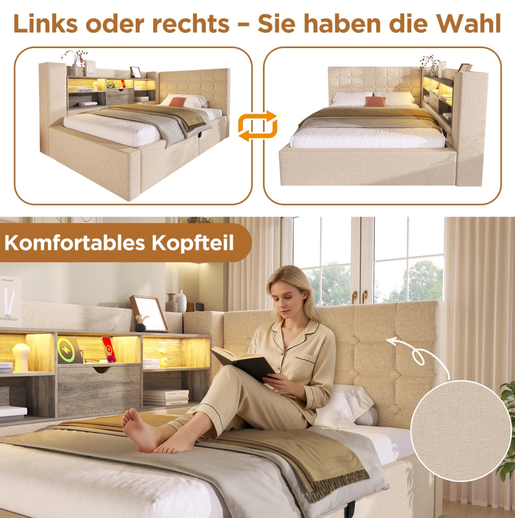 Letto singolo beige 90x190 cm con LED e contenitore idraulico