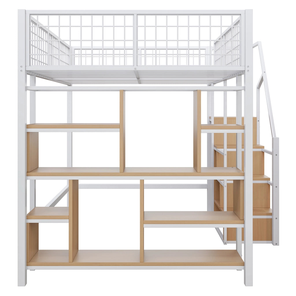 OKWISH Letto a Soppalco 140×200 cm, Letto Matrimoniale con Scala Contenitore, Mensole e Vani Portaoggetti, senza Materasso, Metallo e Legno, Bianco