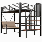 Letto a castello 90×200 cm con scala contenitore e divano imbottito rimovibile; senza materasso; metallo; nero