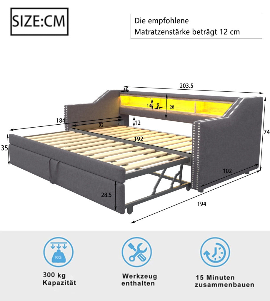 Letto divano estraibile 90 × 190 cm et 180 × 190 cm con ripiani, LED et USB, con 2 materassi