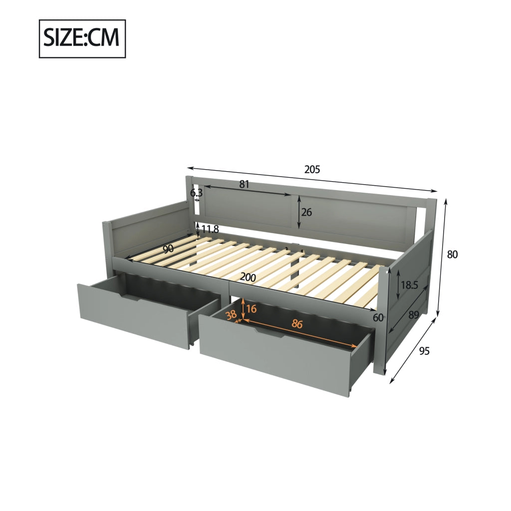 Letto Singolo con Contenitore ¨C MINIMAL ¨C Legno Massello, Grigio, 90x200
