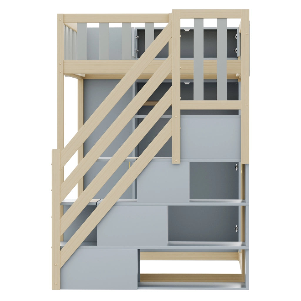 LETTO A CASTELLO 90 x 200 cm con armadio, scaffali e scala di sicurezza, grigio/legno