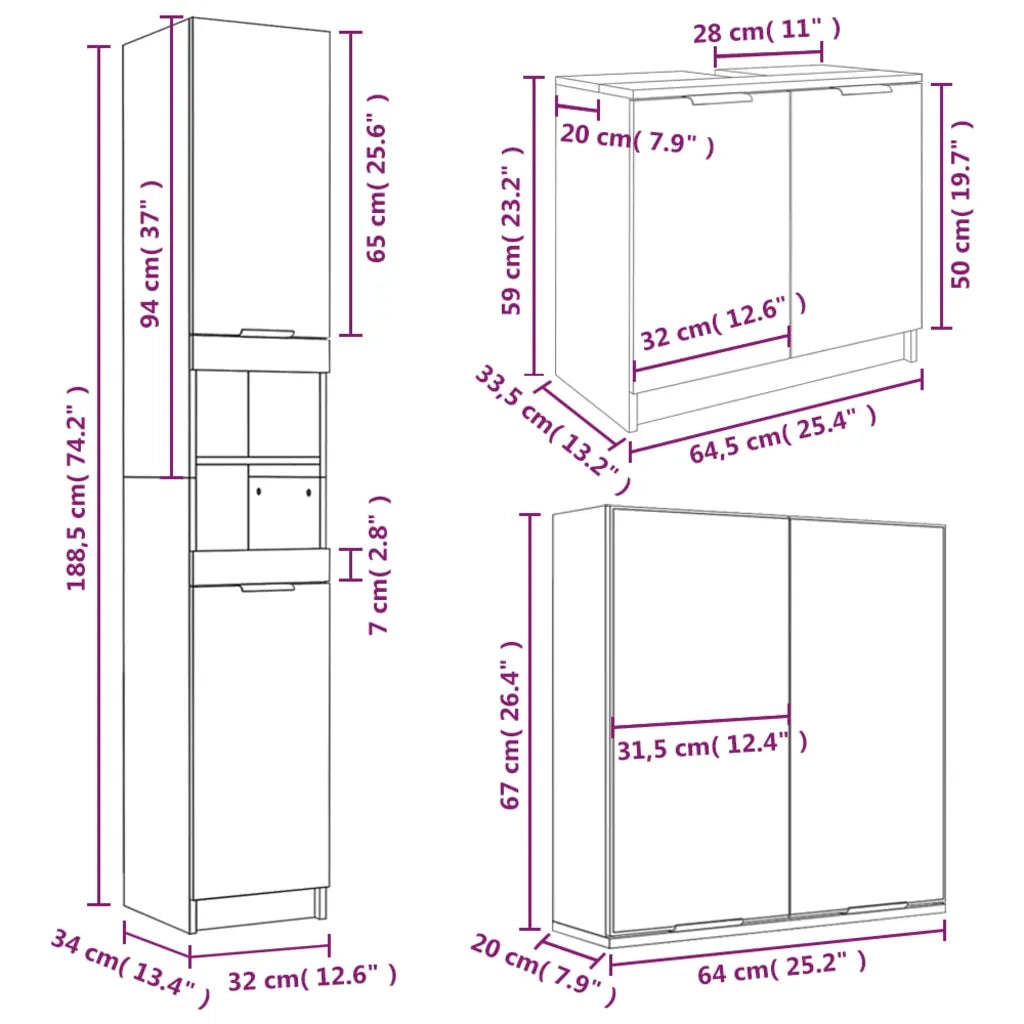 Set Mobili da Bagno 3 pz Grigio Sonoma in Legno Multistrato 3115882