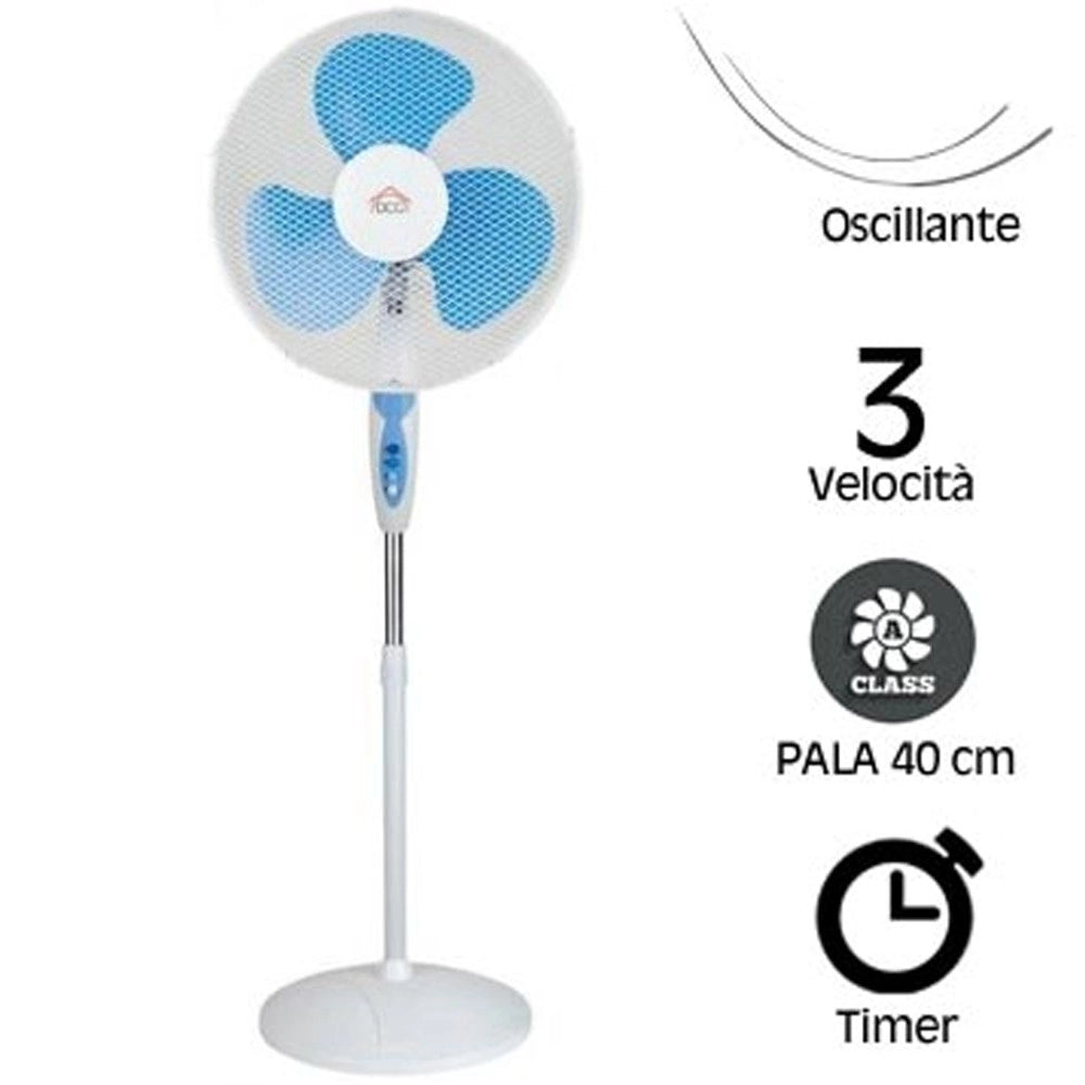 Trade Shop - Ventilatore A Piantana Pala 40cm Base Tonda Oscillante 3 Velocità Timer 65w -