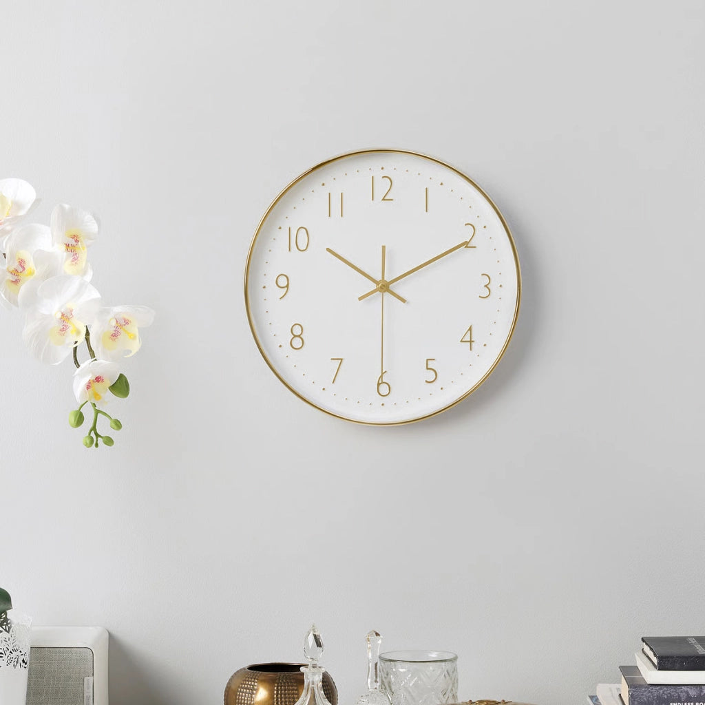 Orologio da Parete Rotondo 30cm con Grandi Numeri e Movimento al Quarzo Preciso Bianco / Dorato Nedis