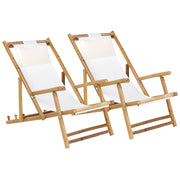 Set di 2 Sdraio Pieghevoli in Legno di Bambù con Telo Bianco Sporco
