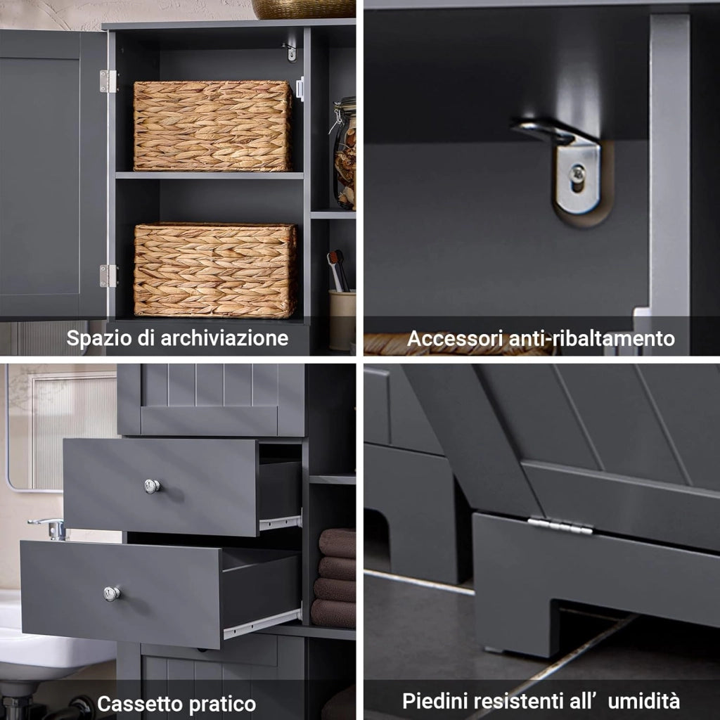 Mobile Bagno con Cesto per Linge Mobile Rangemento Alto Armadio Bagno con 6 Ripiani e 2 Cassetti Mobiletto Salvaspazio Grigio 60x37x171 cm BZR104-DG