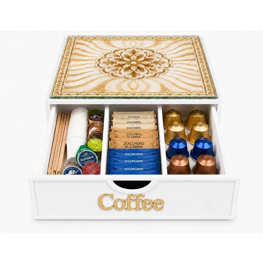 Trade Shop - Cassetto Organizer Porta Capsule Cialde Bianco Coffee Top Vetro Maiolica Oro Divisori 595165 -