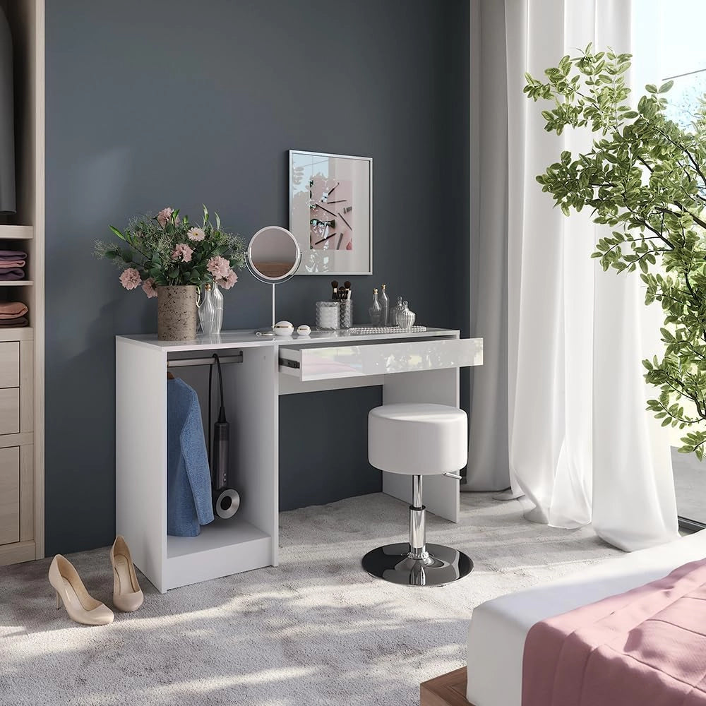 Tavolo da toeletta Sherry, Bianco/bianco lucido, 119.8 cm con sgabello